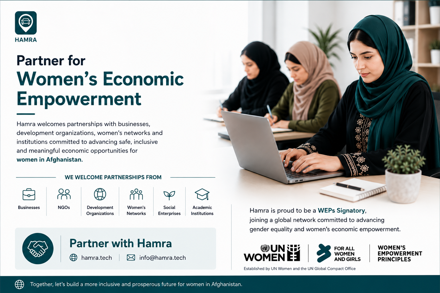Hamra partnership banner: three Afghan women working together at a laptop, alongside the invitation to partner for women's economic empowerment and the Women's Empowerment Principles marks of UN Women and the UN Global Compact.